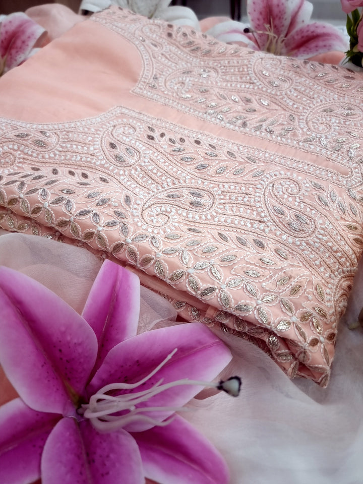 Peach Unstitched Soft Cotton Chikankari Suit Set – Aari, Kasab & Gotta Patti Embellished with Pure Chiffon Dupatta (Copy)
