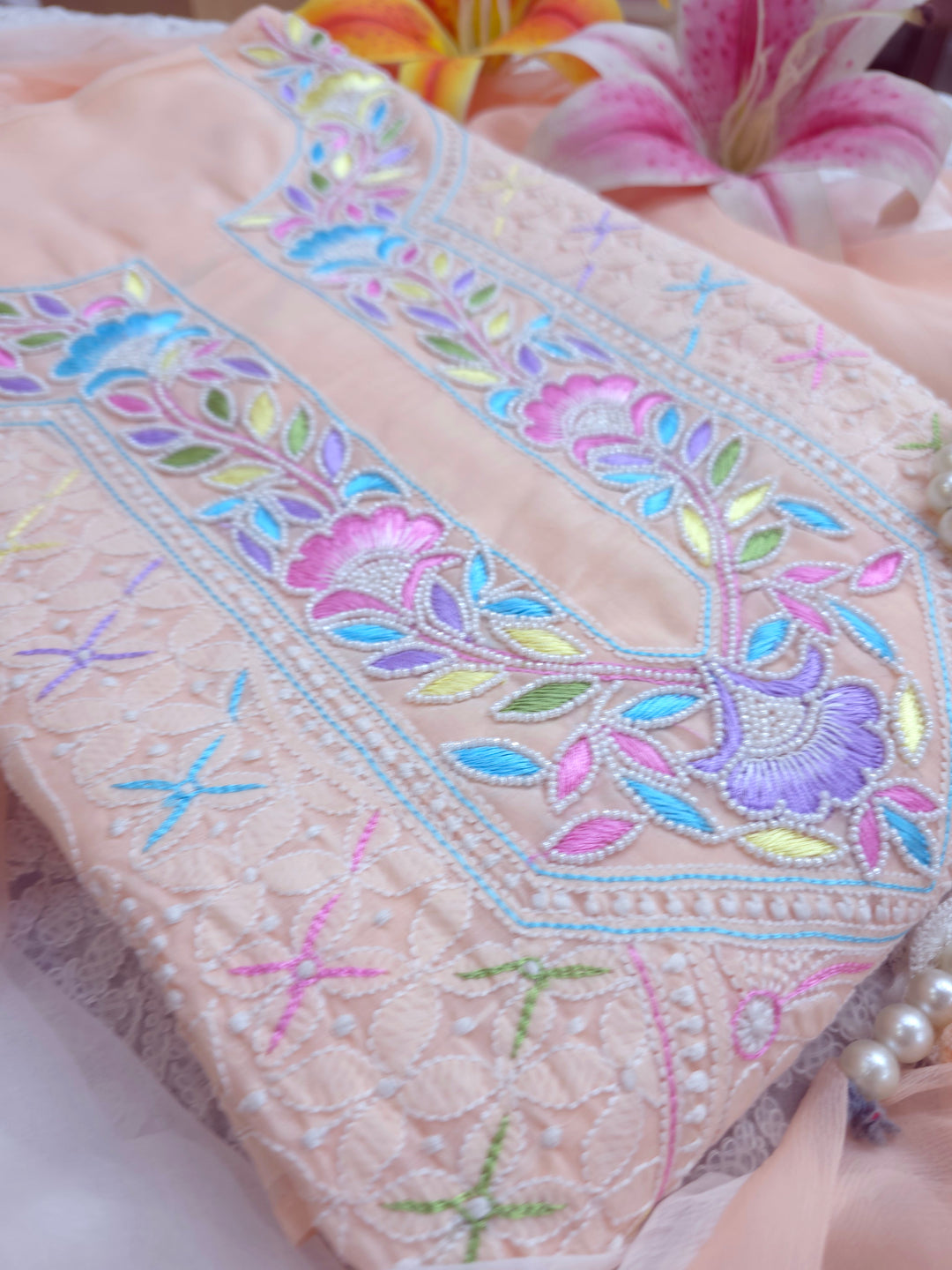 Cotton Resham Neckline chikankari dress material- Peach