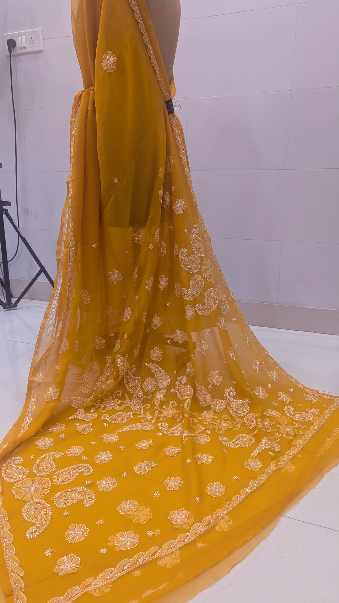 Faux Georgette Hand Chikankari Saree with Exclusive Border & Palla Design | Embroidered Blouse Included | Authentic Lucknow Handicraft by Paridhan Chikan