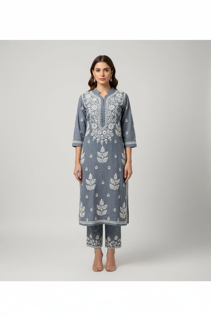 Pure Cotton Linen Lucknowi Chikankari Long Kurti | 100% Hand Embroidered | Non-Transparent | No Shrinkage