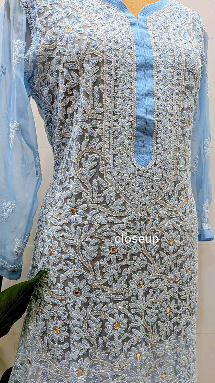Raha Women’s Georgette Chikankari Kurti –Pearl, mirror n aari work -Designer Hand Embroidered Lucknowi Craft by Paridhan Chikan