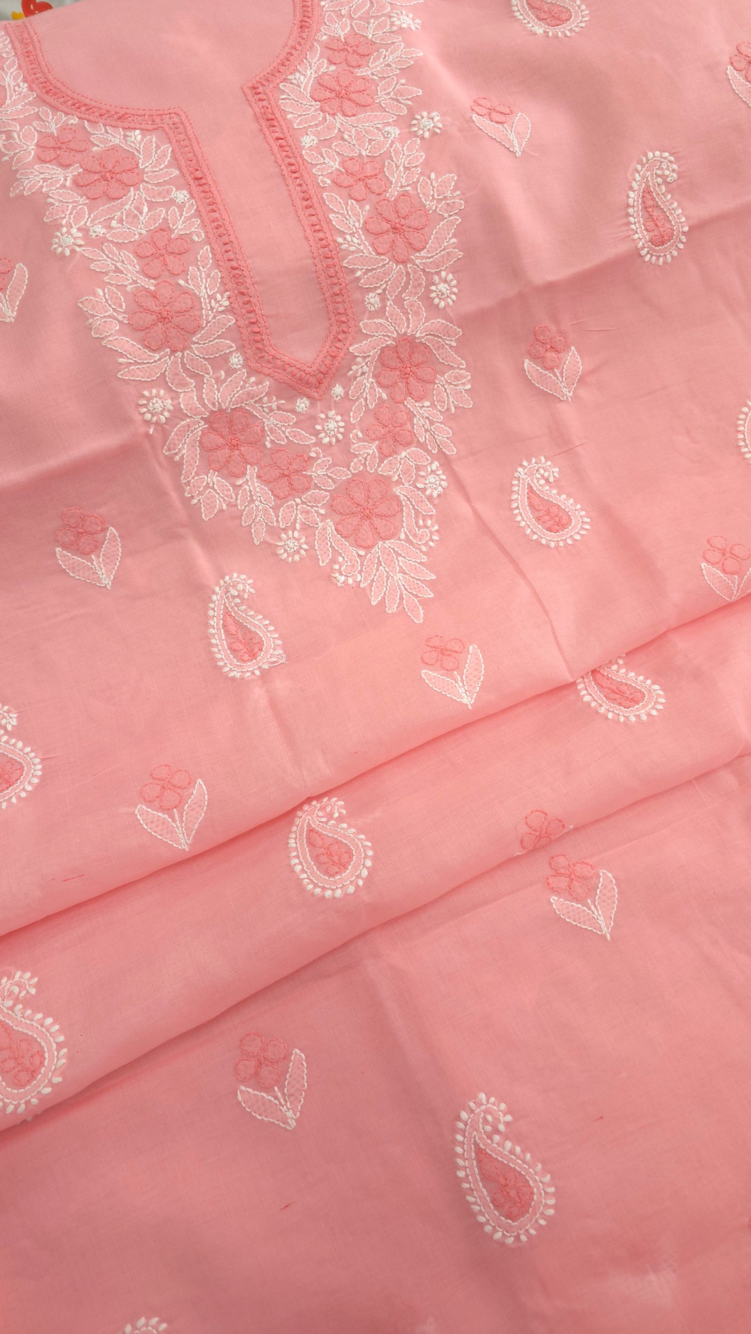 Paridhan Chikan Premium Cool Cotton Chikankari Dress Material Set with Hand Embroidered Kurta, Bottom & Chiffon Dupatta with Handmade Crochet Border