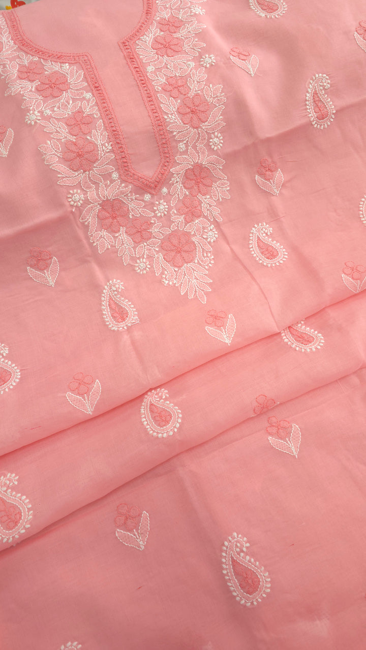 Paridhan Chikan Premium Cool Cotton Chikankari Dress Material Set with Hand Embroidered Kurta, Bottom & Chiffon Dupatta with Handmade Crochet Border