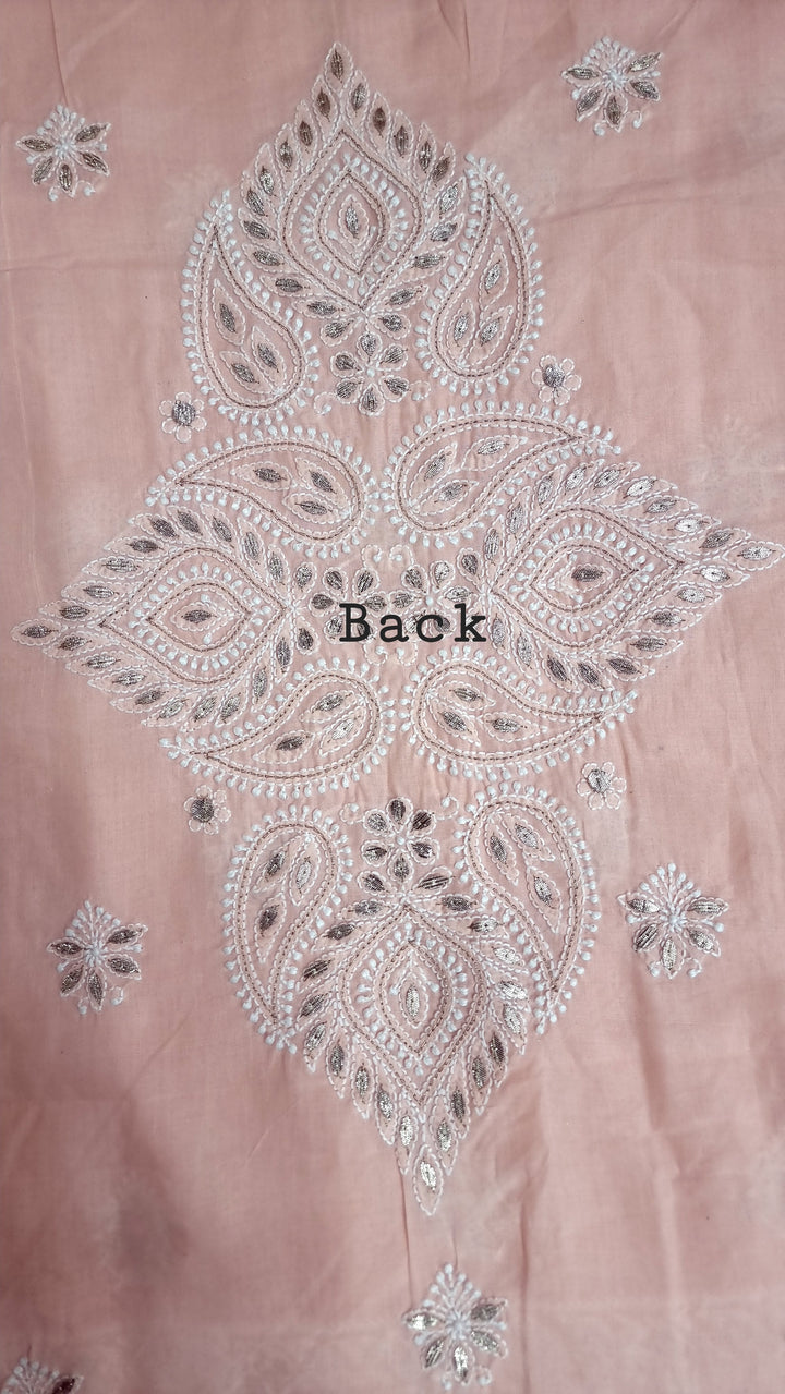 Peach Unstitched Soft Cotton Chikankari Suit Set – Aari, Kasab & Gotta Patti Embellished with Pure Chiffon Dupatta (Copy)
