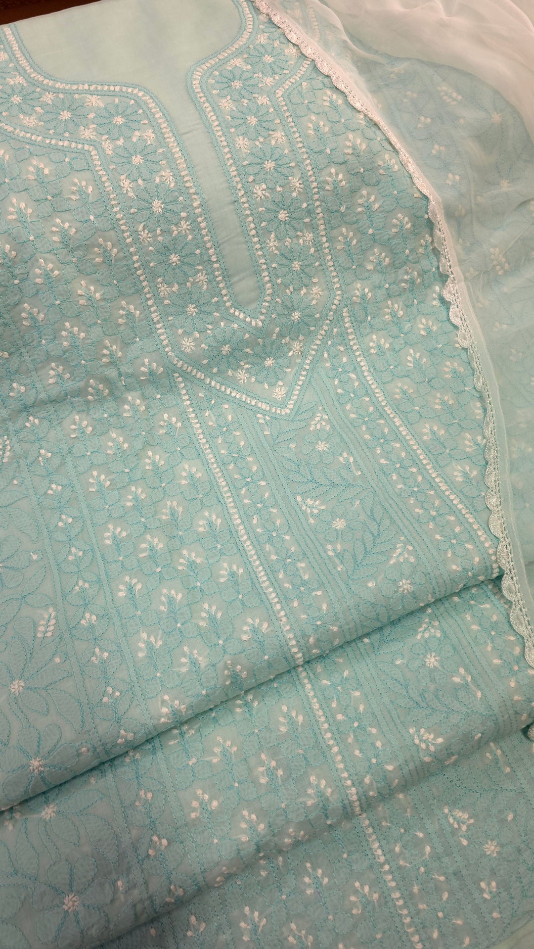 Lucknow Chikankari Hand Embroidered Cotton Dress Material with Tri-Color Motifs & Pure Chiffon Dupatta