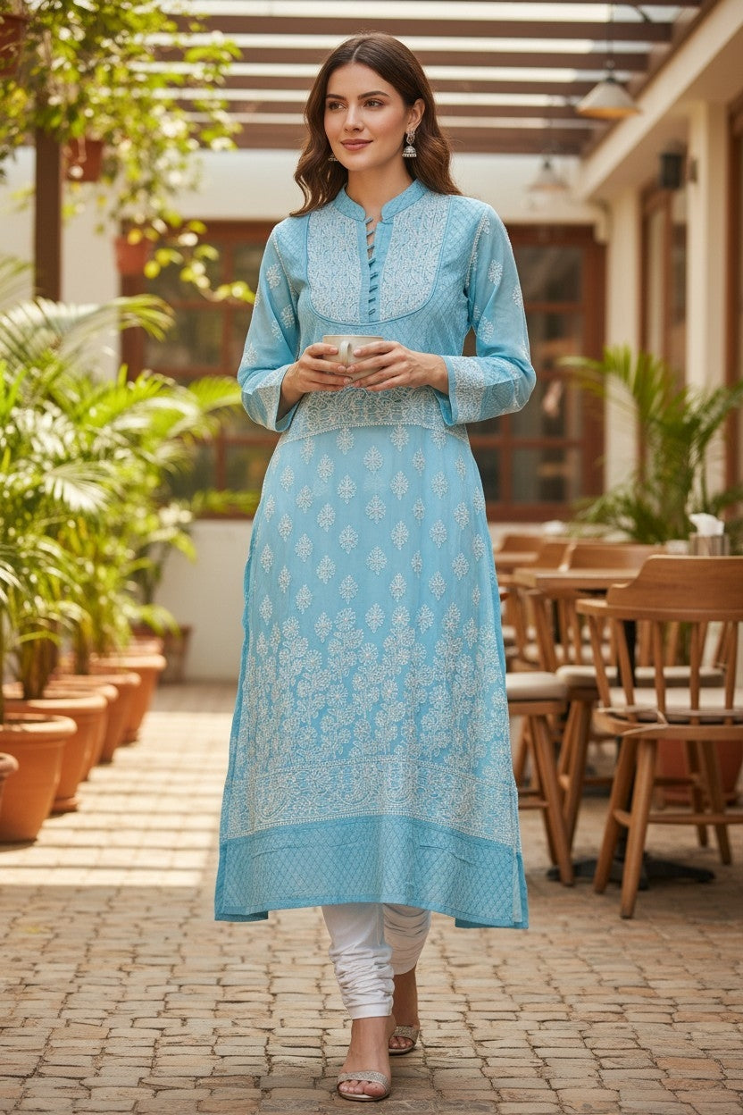 Cotton Lucknowi Chikankari 46" Long A-line Kurti | 100% Hand Embroidered| No Shrinkage