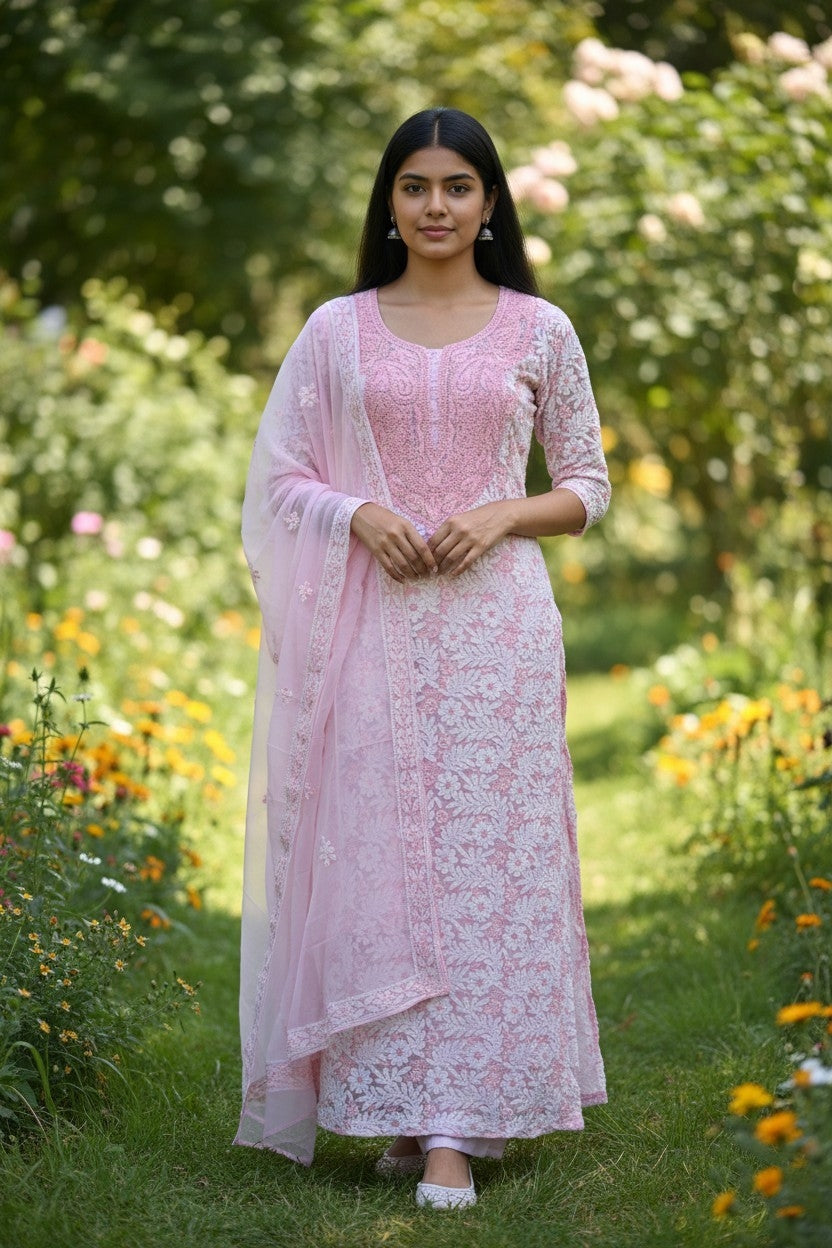 Unstitched Georgette Chikankari Dress Material | Hand Embroidered Kurta, Bottom & Dupatta