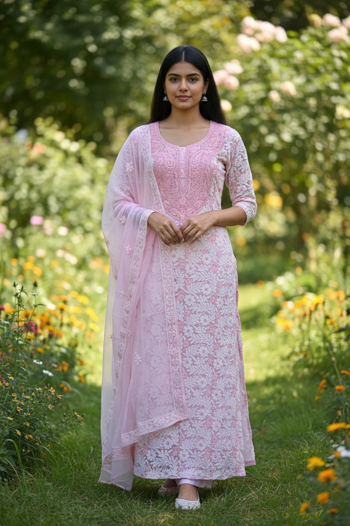 Unstitched Georgette Chikankari Dress Material | Hand Embroidered Kurta, Bottom & Dupatta