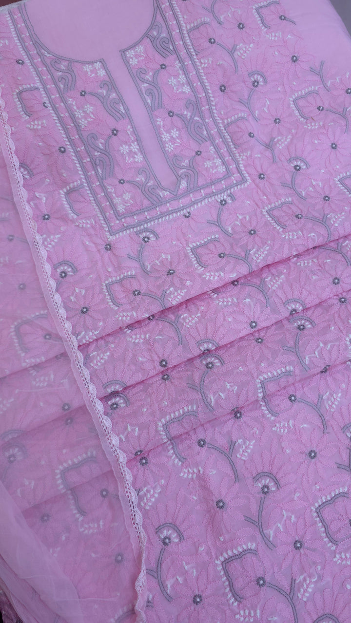 Lucknow Chikankari Hand Embroidered Cotton Dress Material with Tri-Color Motifs & Pure Chiffon Dupatta