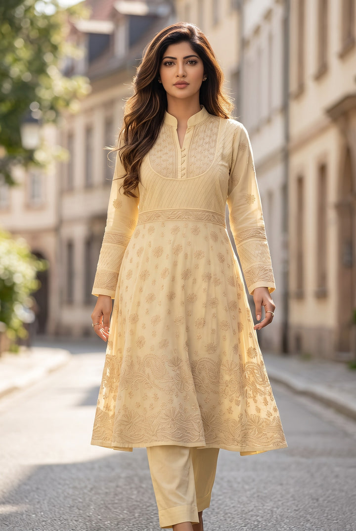 Cotton Lucknowi Chikankari 46" Long A-line Kurti | 100% Hand Embroidered| No Shrinkage
