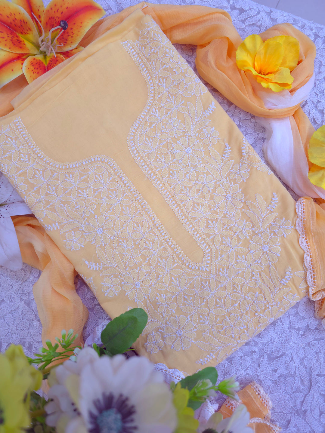 Handmade Jaali Chikankari Cotton Dress Material with Chiffon Dupatta | Authentic Lucknow Hand Embroidery | Unstitched Suit Set