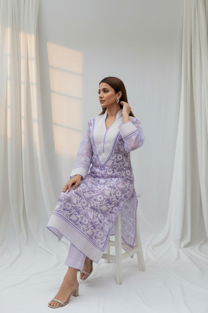 Women’s Georgette Chikankari Kurti – Designer Hand Embroidered Lucknowi Craft by Paridhan Chikan