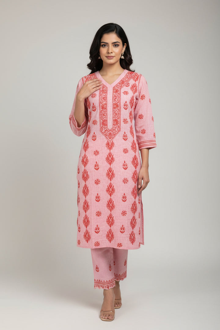 Pure Cotton Linen Lucknowi Chikankari Long Kurti | 100% Hand Embroidered | Non-Transparent | No Shrinkage