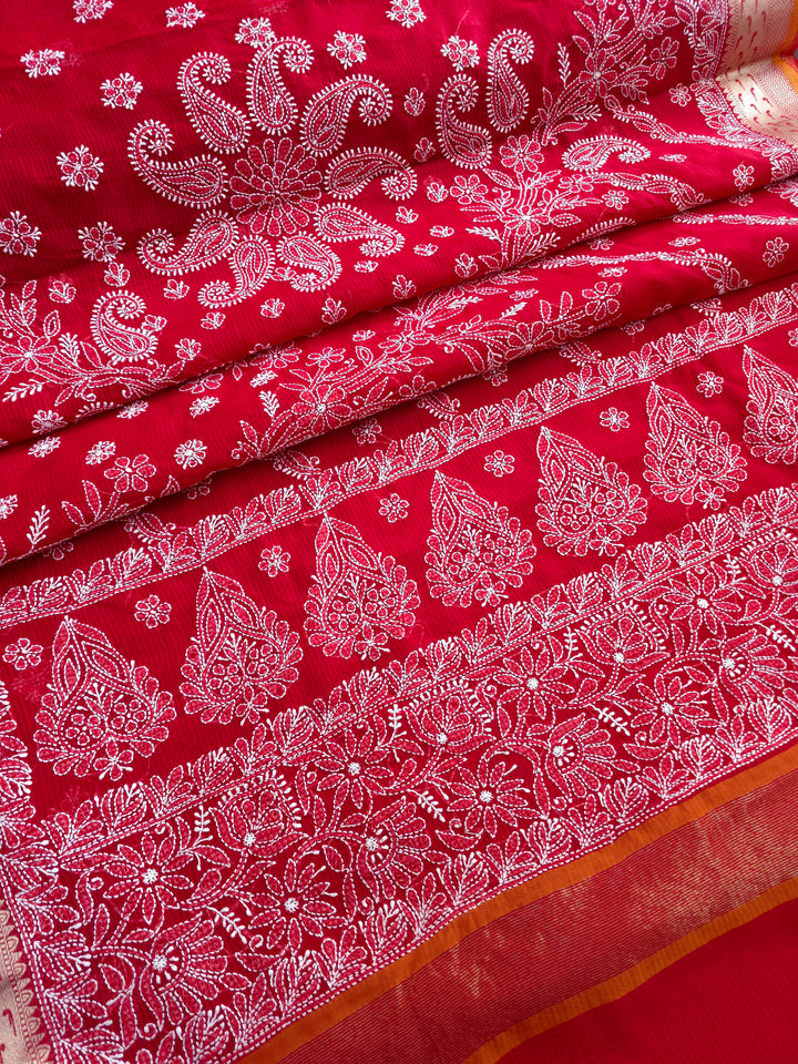 Hand Embroidered Chikankari Banarasi Silk Saree with Intricate Border & Palla Pattern – Includes  Blouse | Paridhan Chikan