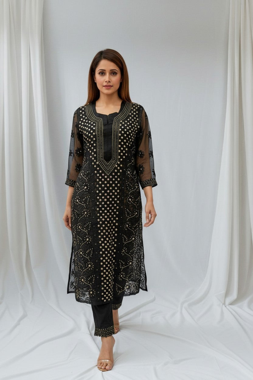 Raha Women’s Georgette Chikankari Kurti –Pearl, mirror n aari work -Designer Hand Embroidered Lucknowi Craft by Paridhan Chikan