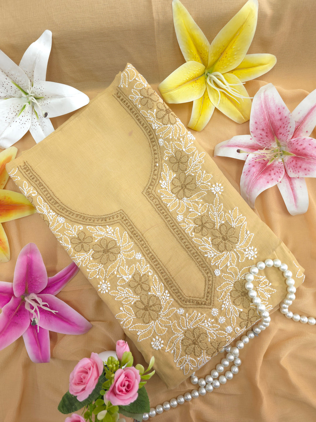 Paridhan Chikan Premium Cool Cotton Chikankari Dress Material Set with Hand Embroidered Kurta, Bottom & Chiffon Dupatta with Handmade Crochet Border
