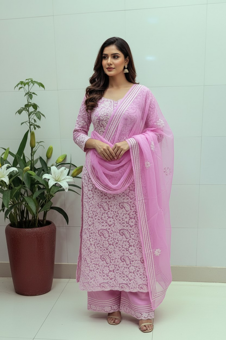 Unstitched Georgette Chikankari Dress Material | Hand Embroidered Kurta, Bottom & Dupatta