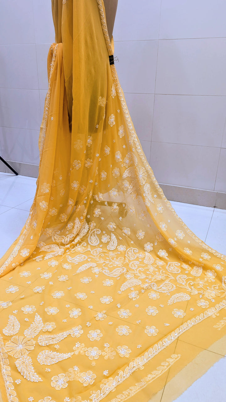 Faux Georgette Hand Chikankari Saree with Exclusive Border & Palla Design | Embroidered Blouse Included | Authentic Lucknow Handicraft by Paridhan Chikan