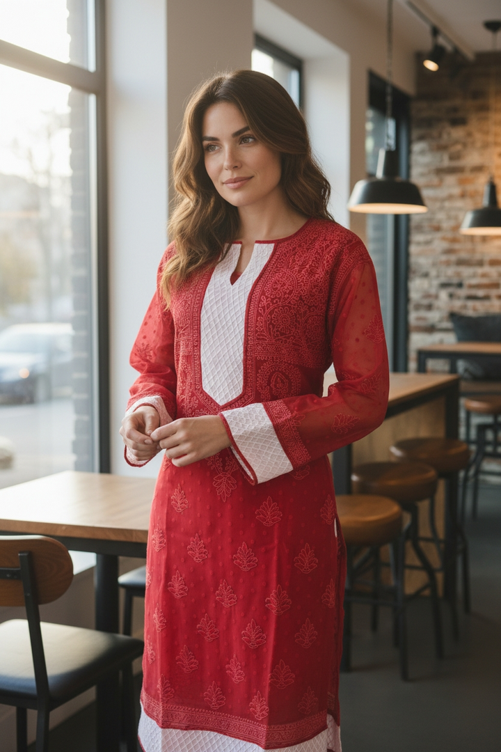 Women’s Georgette Chikankari Kurti – Designer Hand Embroidered Lucknowi Craft by Paridhan Chikan