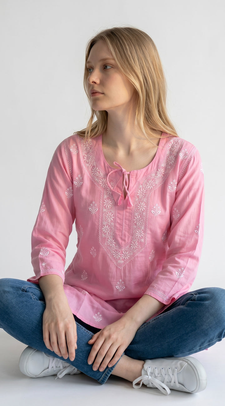 Women's Modal Satin Chikankari Top – Authentic 2 Taar Hand Embroidery
