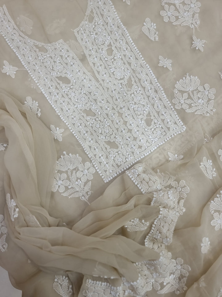 Lucknowi Georgette Chikankari Dress Material – Hand Embroidery Kurta, Bottom & Dupatta | Festive Queen Shades