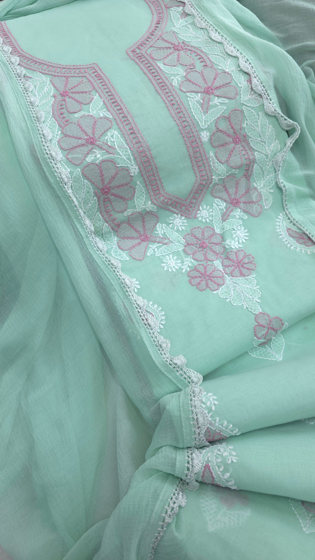 Paridhan Chikan Premium Cool Cotton Chikankari Dress Material Set with Hand Embroidered Kurta, Bottom & Chiffon Dupatta with Handmade Crochet Border