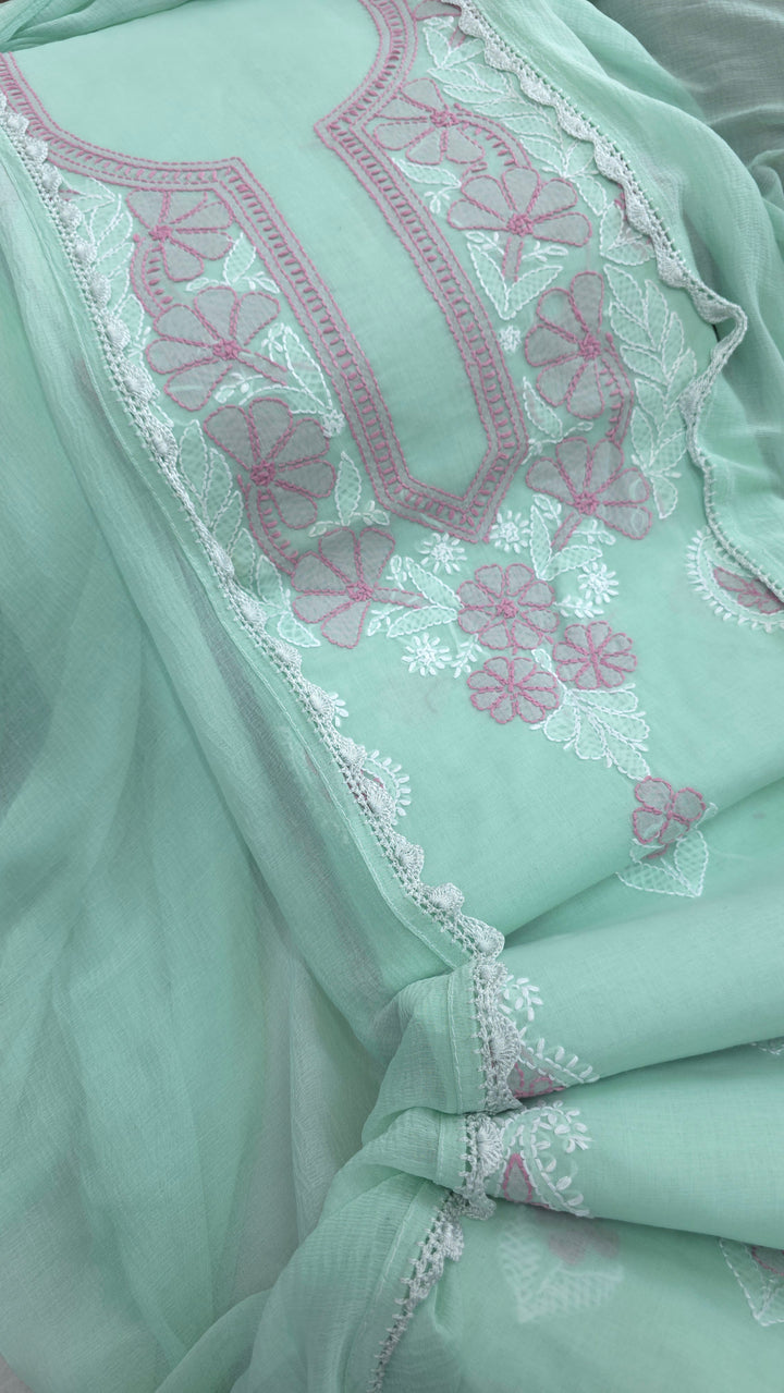 Paridhan Chikan Premium Cool Cotton Chikankari Dress Material Set with Hand Embroidered Kurta, Bottom & Chiffon Dupatta with Handmade Crochet Border