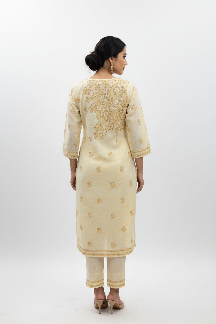 Pure Cotton Linen Lucknowi Chikankari Long Kurti | 100% Hand Embroidered | Non-Transparent | No Shrinkage