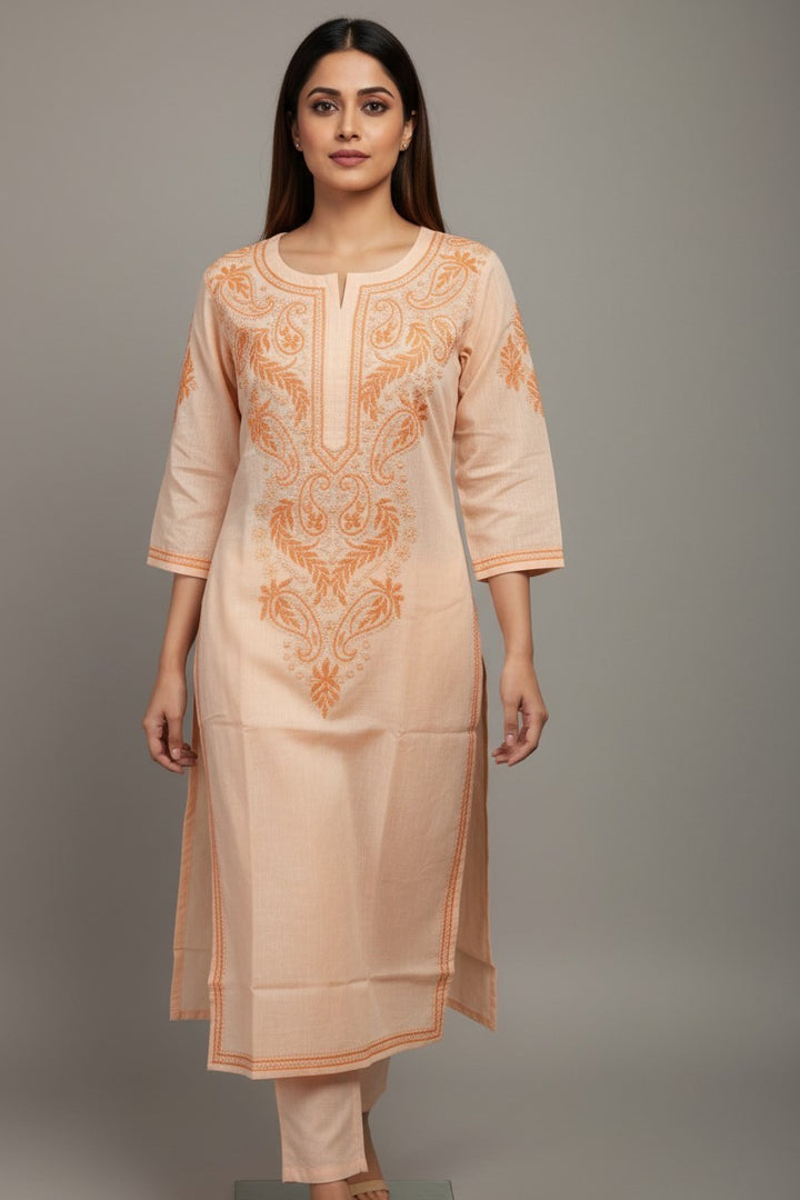 Pure Cotton Linen Lucknowi Chikankari Long Kurti | 100% Hand Embroidered | Non-Transparent | No Shrinkage