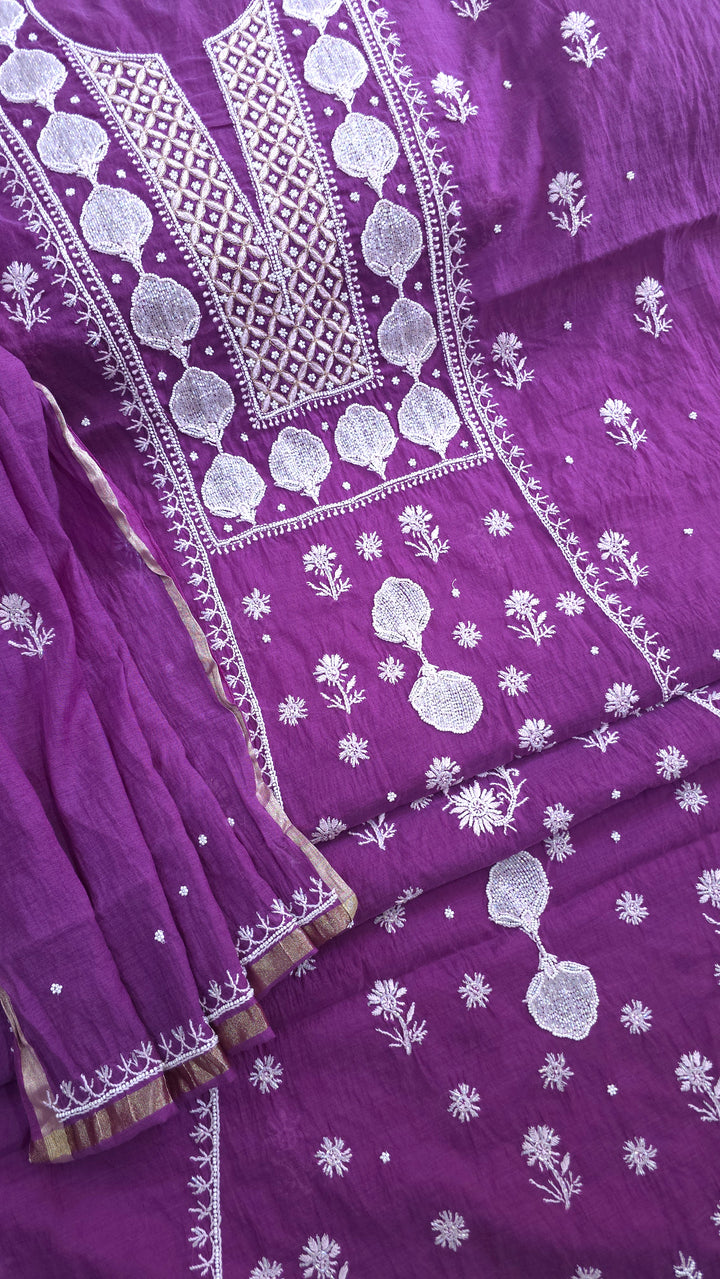 Premium Mul Chanderi Pearl, Cutdana & Kasab Hand Embroidered Unstitched Suit Set