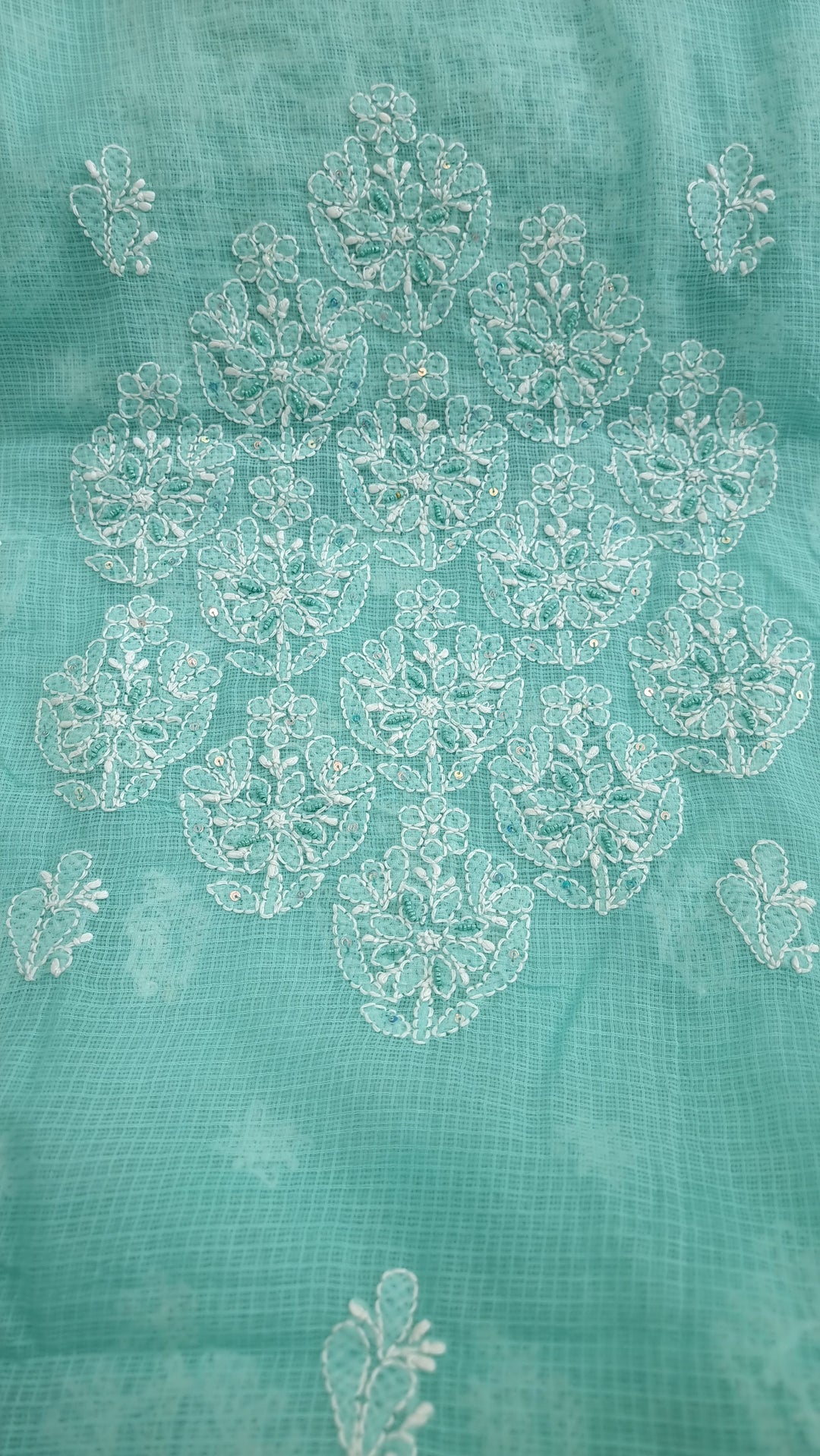 KOTA CHIKANKARI DRESS MATERIAL WITH PEARL - TERQUOISE