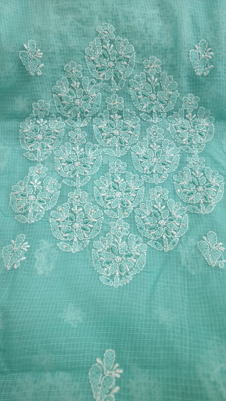 KOTA CHIKANKARI DRESS MATERIAL WITH PEARL - TERQUOISE