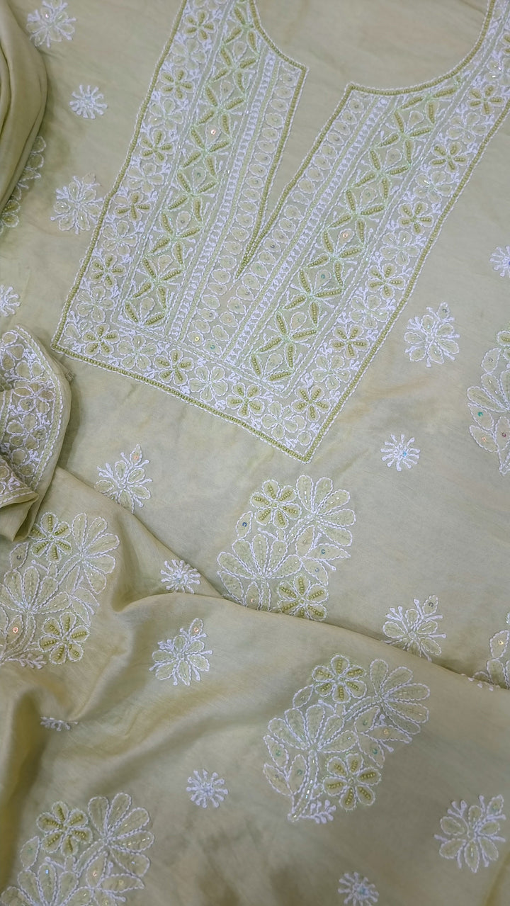 Lucknowi Chikankari Chanderi Fabric – Hand-Embroidered Kurta & Dupatta with Pearl, Resham & Badla Work