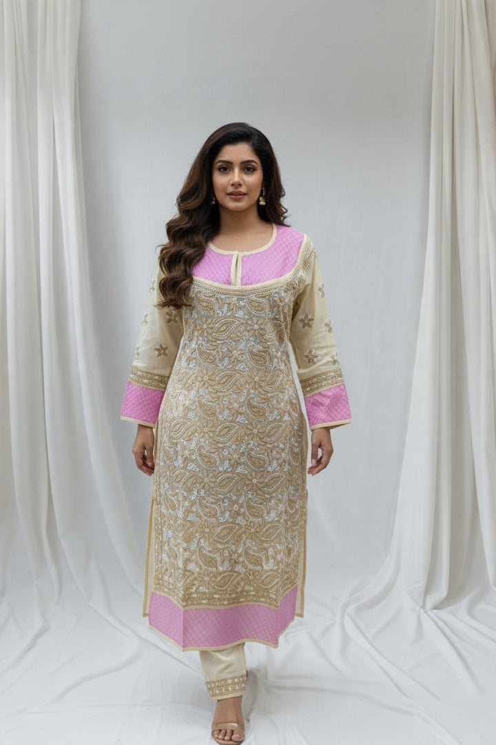 Asma Cotton Chikankari Hand Embroidered Kurti for Women | Premium  | 48 Inch approx Length | Lucknowi Chikan Kurta