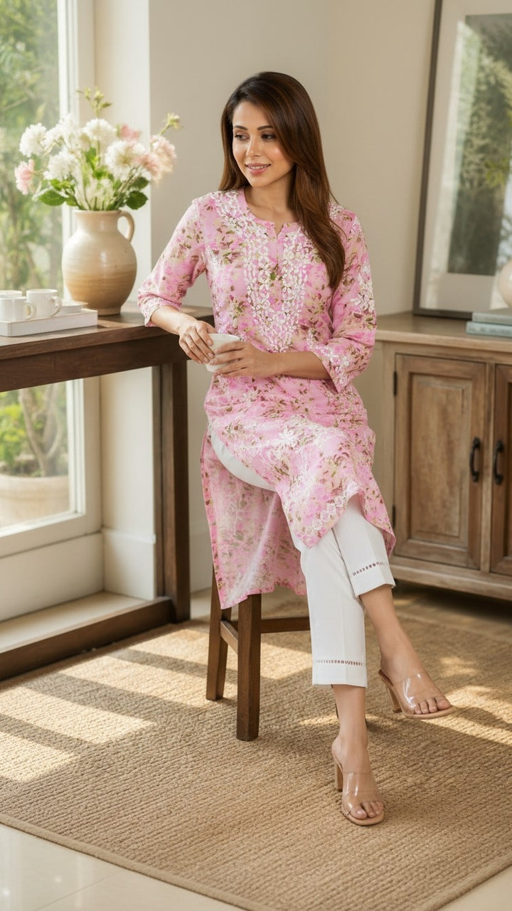 Nushraat Rayon Digital Print Lucknow Chikankari Hand Embroidered Kurti