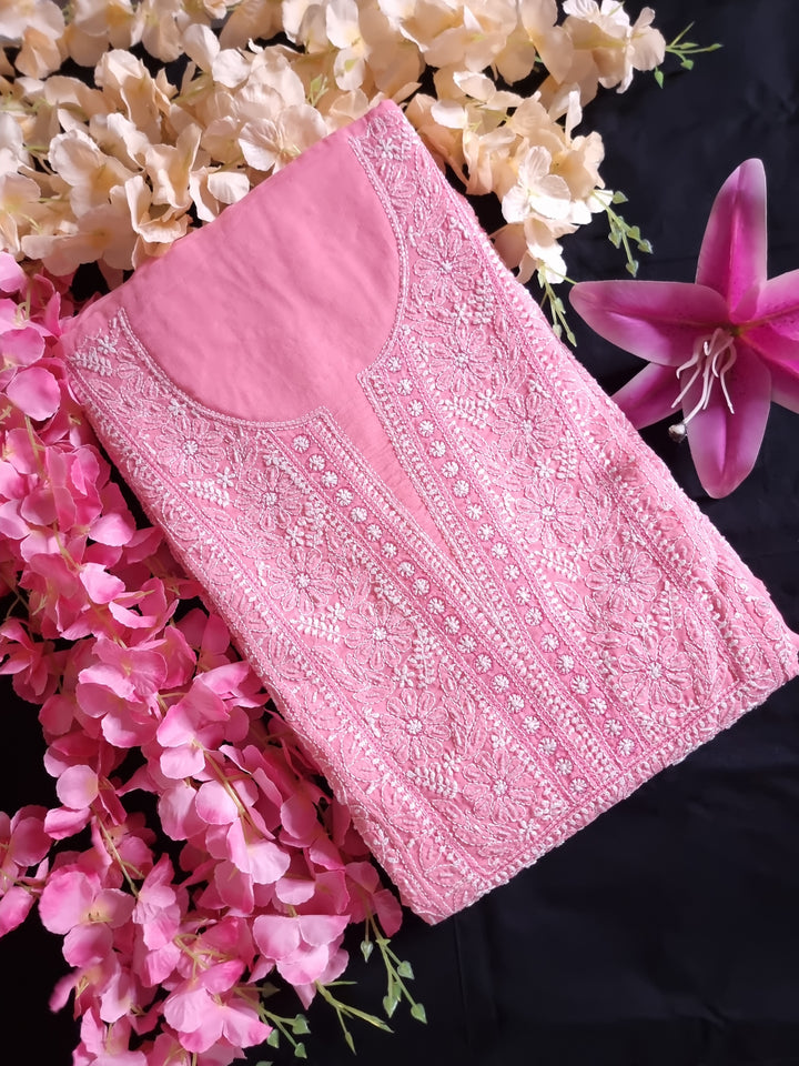 Unstitched Cotton Hand Embroidered Chikankari Dress Material with Cutdana, Resham & Badla Work | Pure Chiffon Dupatta | Lucknowi Artistry