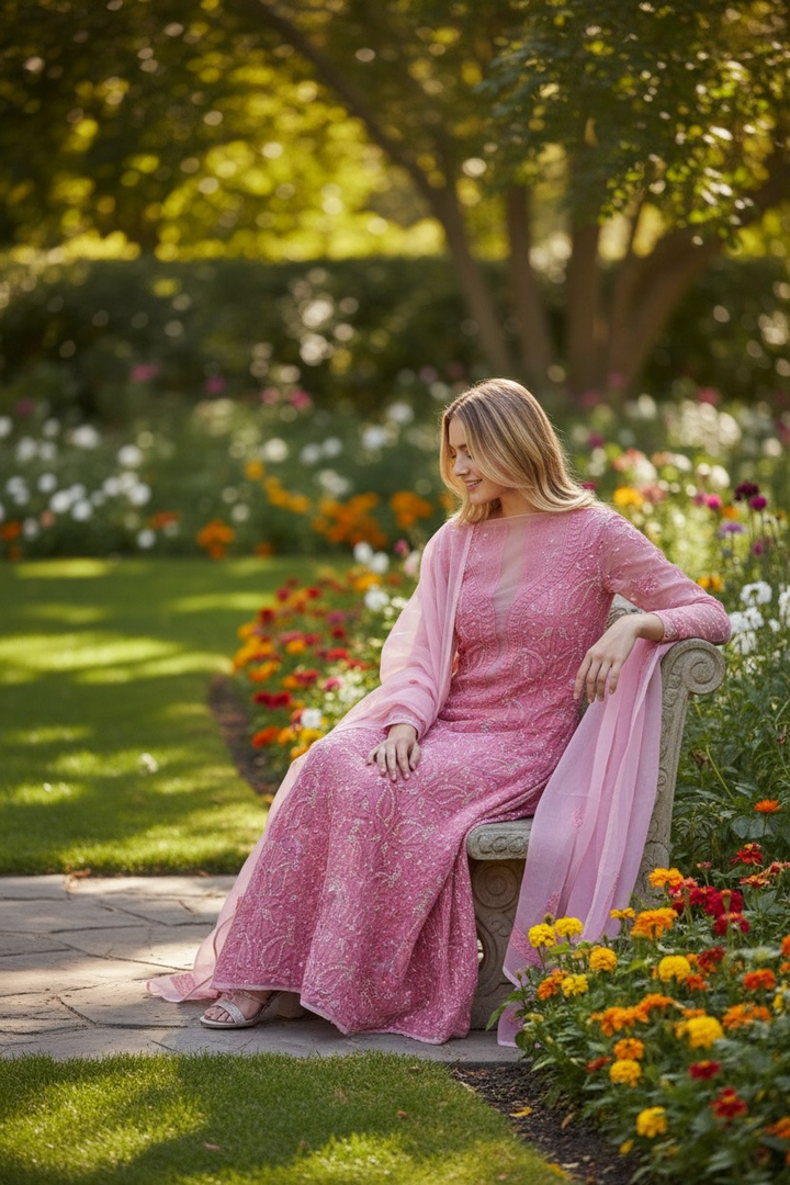 Unstitched Georgette Chikankari Dress Material | Hand Embroidered Kurta, Bottom & Dupatta
