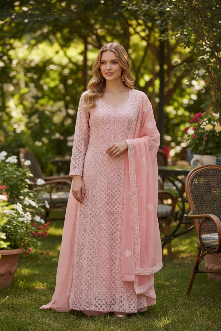 Unstitched Georgette Chikankari Dress Material | Hand Embroidered Kurta, Bottom & Dupatta