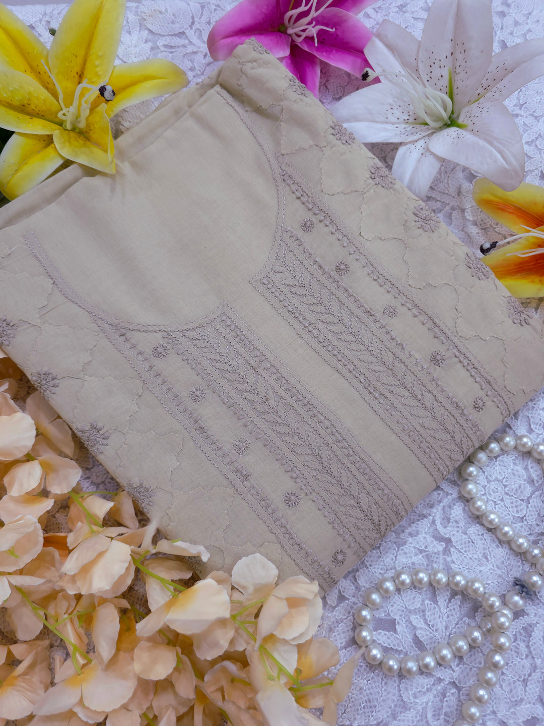 Darz Lucknowi Chikankari  Dress Material – Handmade Cotton Suit with Chiffon Dupatta
