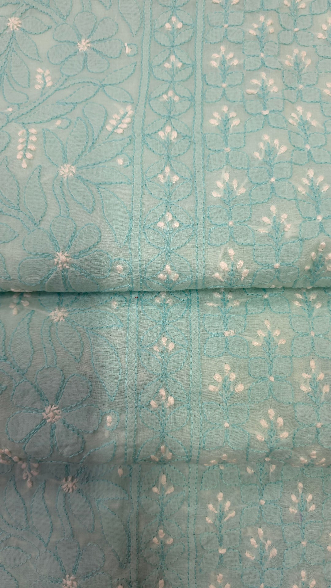 Lucknow Chikankari Hand Embroidered Cotton Dress Material with Tri-Color Motifs & Pure Chiffon Dupatta