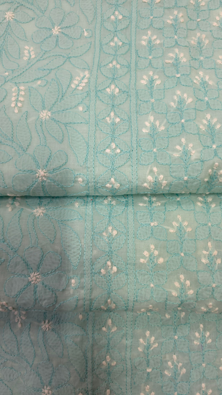 Lucknow Chikankari Hand Embroidered Cotton Dress Material with Tri-Color Motifs & Pure Chiffon Dupatta