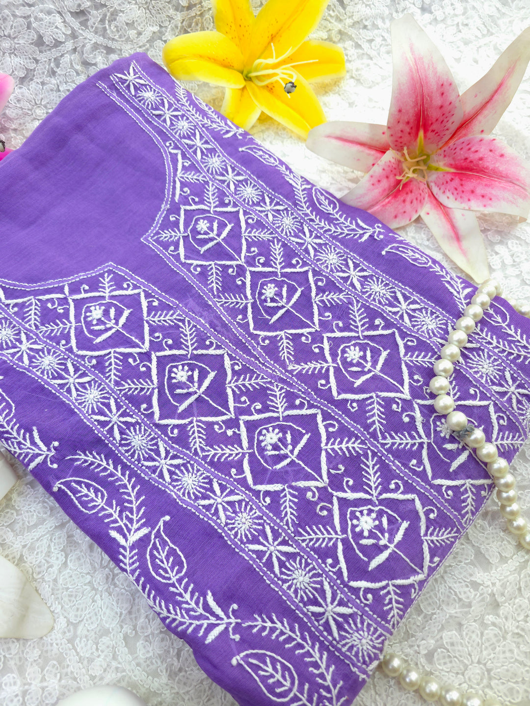Lucknowi 2 Taar Chikankari Chanderi Kurta Dupatta Set – Handmade Festive Wear