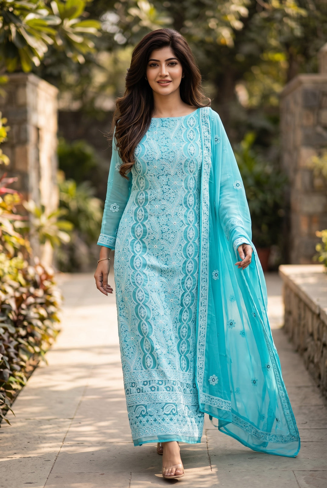 Unstitched Georgette Chikankari Dress Material | Hand Embroidered Kurta, Bottom & Dupatta-turquoise