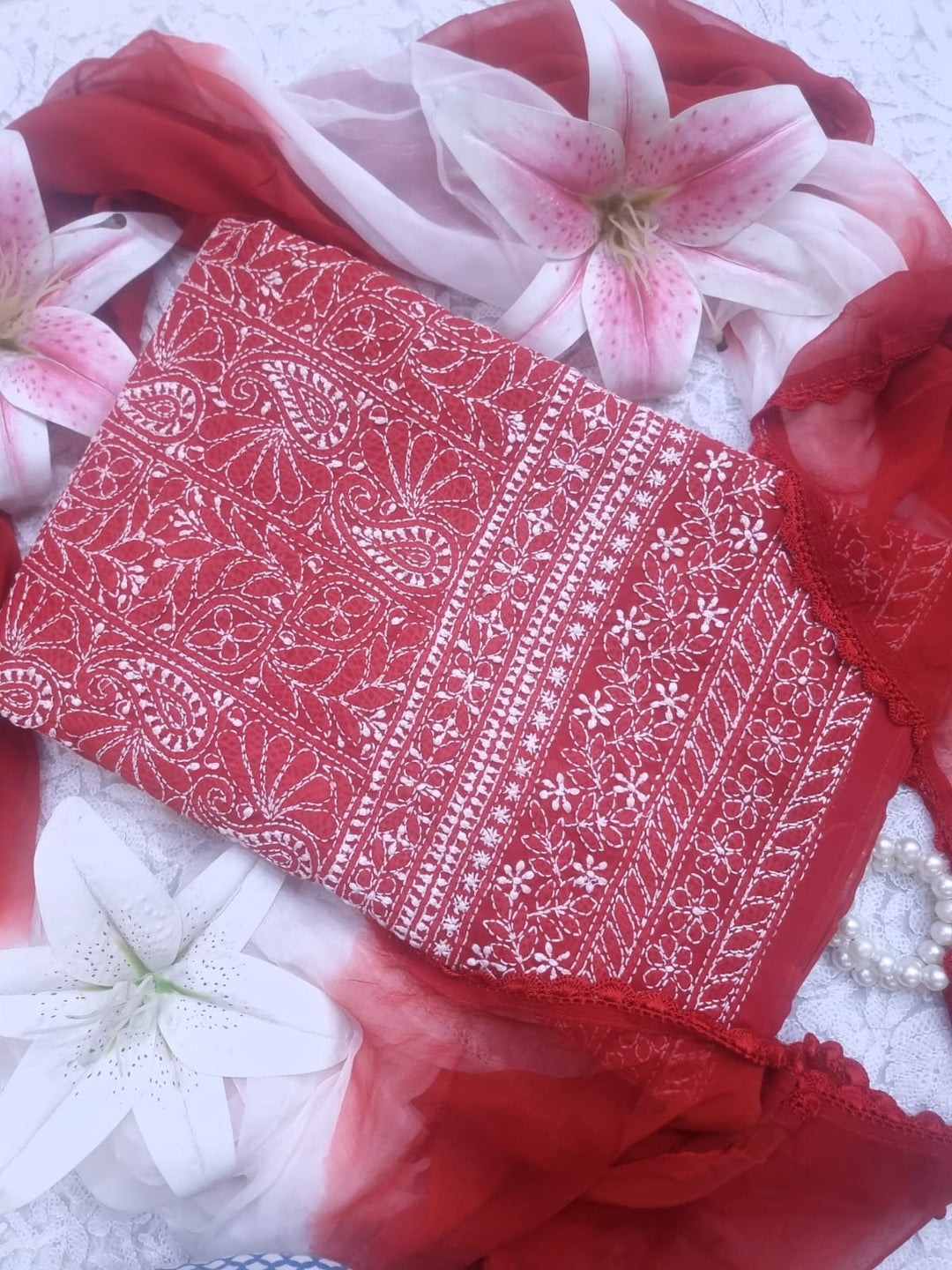 " Lucknowi Chikankari Unstitched Cotton Suit Set – Kurta, Bottom & Dupatta by Paridhan Chikan"