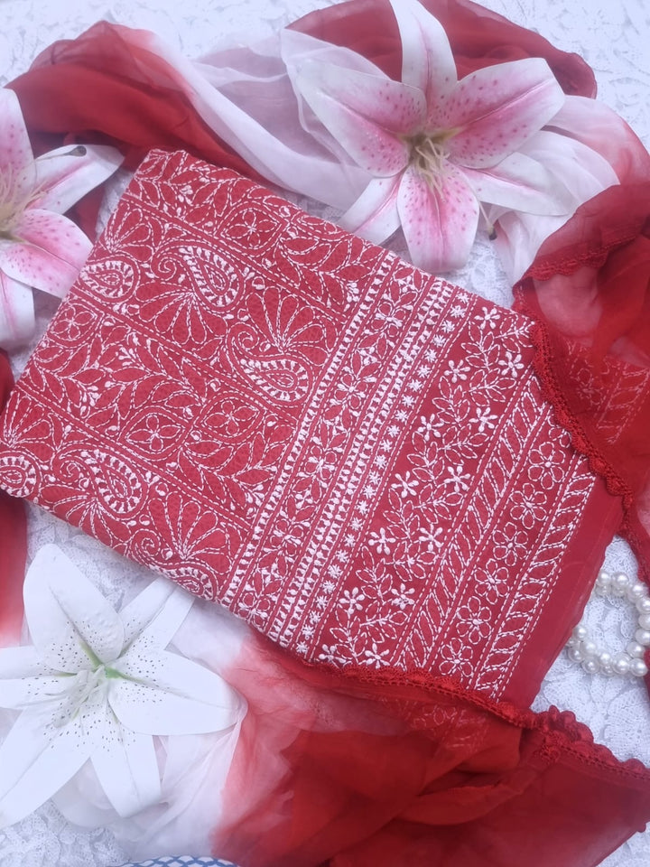 " Lucknowi Chikankari Unstitched Cotton Suit Set – Kurta, Bottom & Dupatta by Paridhan Chikan"