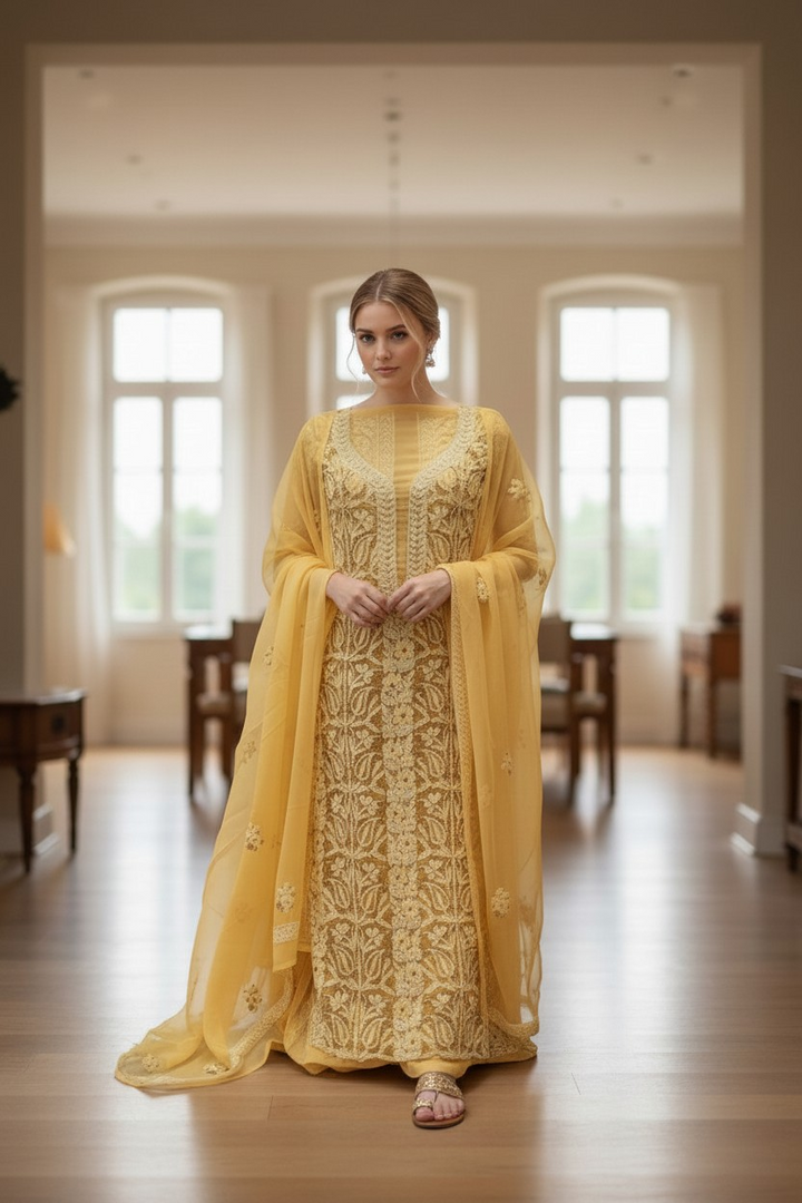 Unstitched Georgette Chikankari Dress Material | Hand Embroidered Kurta, Bottom & Dupatta