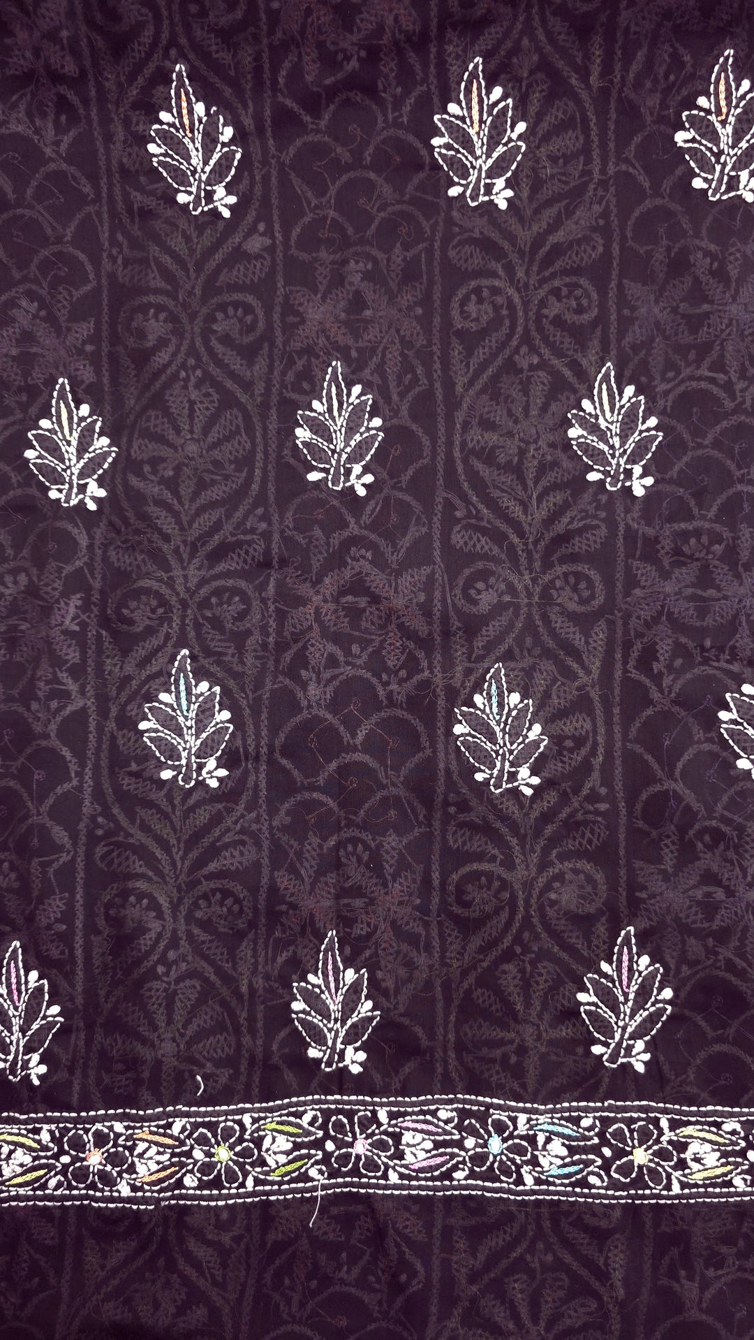 Cotton Resham Neckline chikankari dress material- Black