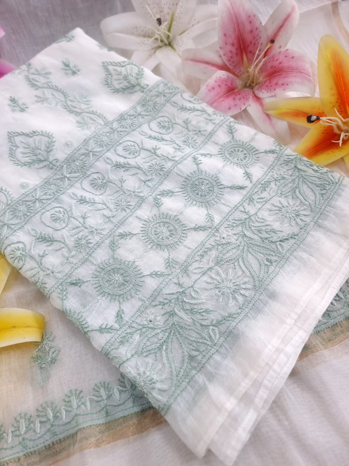 Pure Mul Chanderi 2 Taar Hand Embroidered Chikankari Unstitched Kurta (3 M) with Dupatta (2.5 M) – Lucknowi Festive Collection
