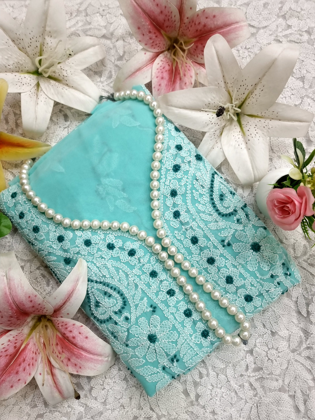 "Paridhan Chikan Sea Green Color Georgette Lucknowi Chikankari Unstitched Suit Set – Hand Embroidered Kurta, Bottom & Dupatta for Women"