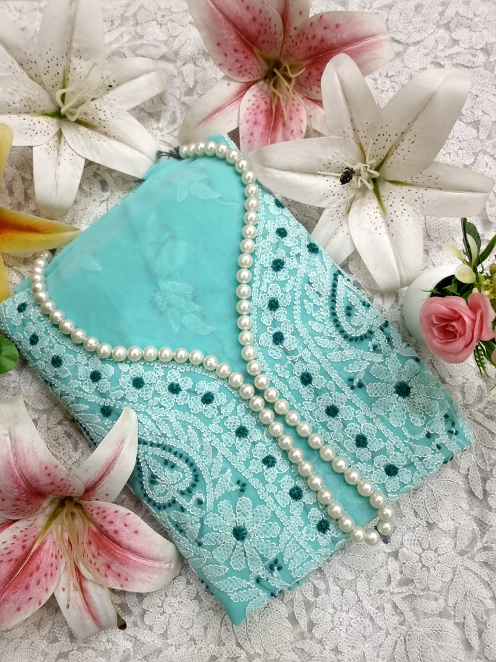 "Paridhan Chikan Sea Green Color Georgette Lucknowi Chikankari Unstitched Suit Set – Hand Embroidered Kurta, Bottom & Dupatta for Women"